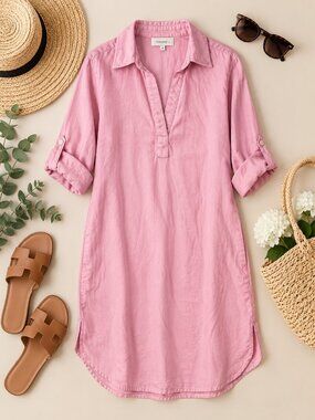 Collection L Pink Linen Popover Shirt Dress Roll Tab Sleeve Coastal L